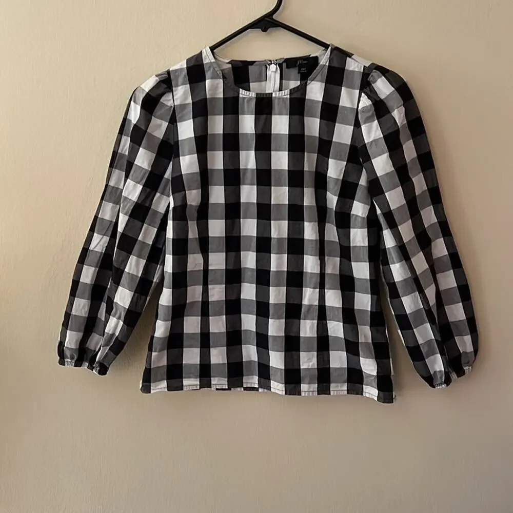 J. Crew Gingham Puff Sleeve Oversized Blouse Size 00